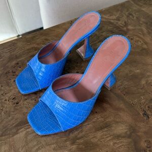 Blue Croc-Embossed Square-Toe Slide Heels